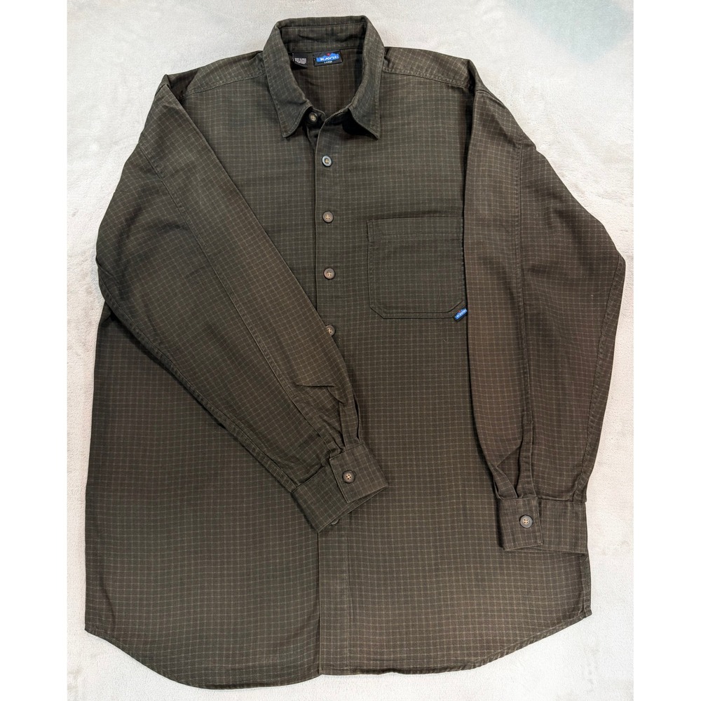 Kavu Mens Button Up Shirt Plaid Long Sleeve Brown Large